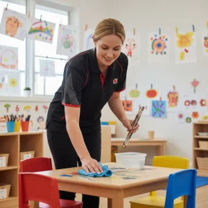 Professional cleaner wiping down table and play equipment in childcare