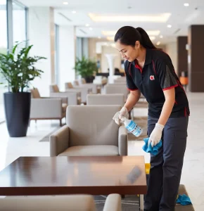 Professional cleaner disinfecting lobby table with spray bottle
