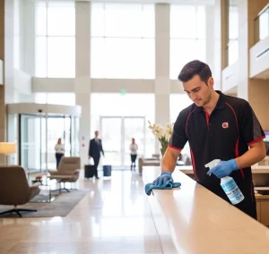 Commercial cleaner wiping lobby desk