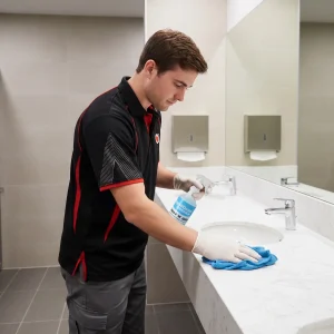Commercial cleaner wiping sink in airport restroom
