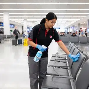 Commercial cleaning staff wiping chairs in airport terminal