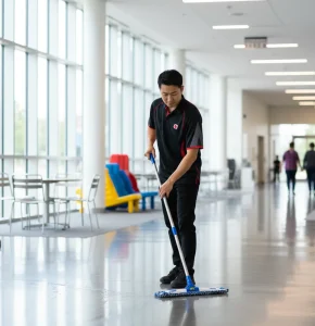 Professional cleaner mopping floors in government building corridor