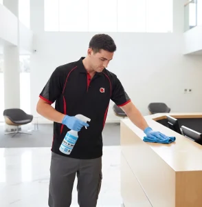 Cleaner wiping lobby in a council building