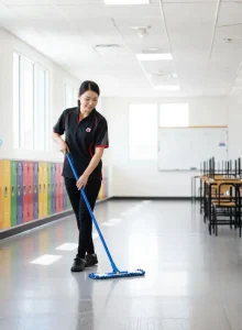 Cleaner mopping school hallway