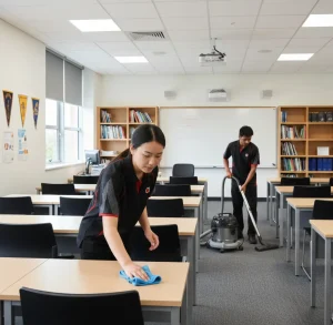 Two commercial cleaners working together in a learning space