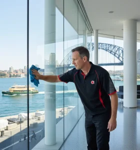 Commercial cleaner wiping window with Sydney Harbour Bridge in background