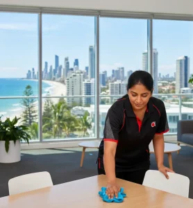 Commercial cleaner wiping desk with Gold Coast beach and skyline in the background