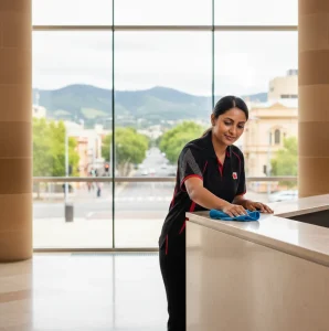 Commercial cleaner in hallway at top of stairs with South Australia town visible in background