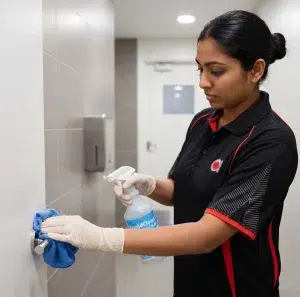 Commercial cleaner wiping door handle in shopping centre restroom