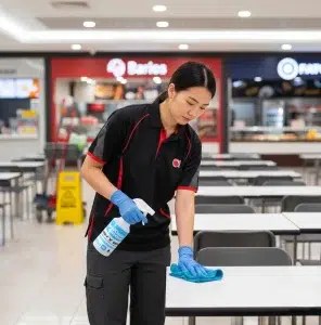 Commercial cleaner wiping food court table