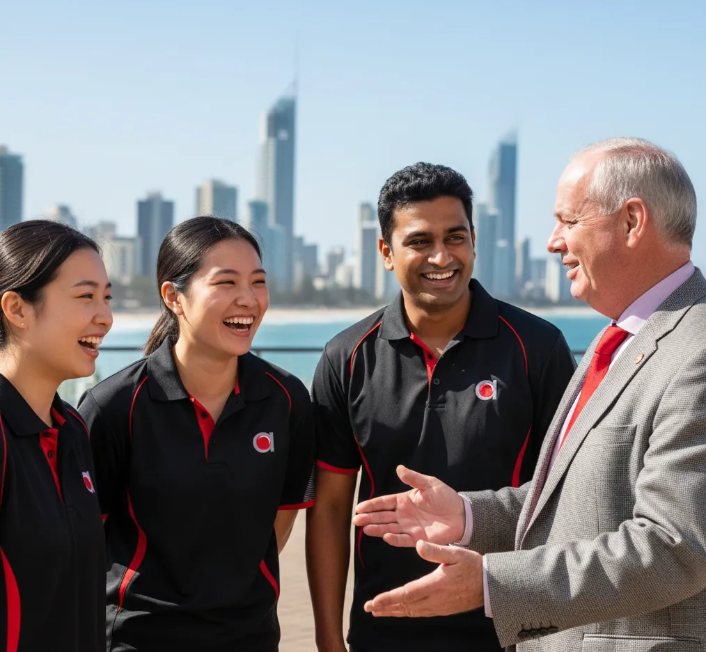 Company director talking with cleaning staff with Gold Coast skyline behind
