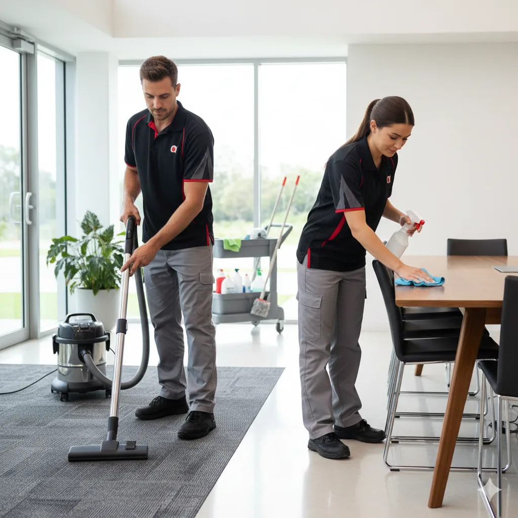 Commercial cleaning staff cleaning open-plan office area