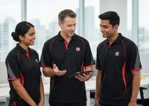 Manager coordinating tasks with cleaners