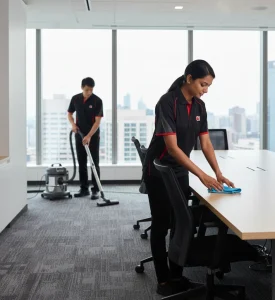 Commercial cleaning staff performing office meeting room cleaning.