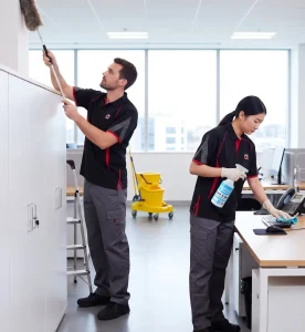 Two commercial cleaners cleaning an office desk while another dusts shelving