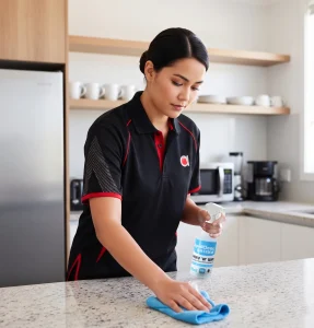 Commercial cleaner wiping office kitchen counters with disinfectant spray