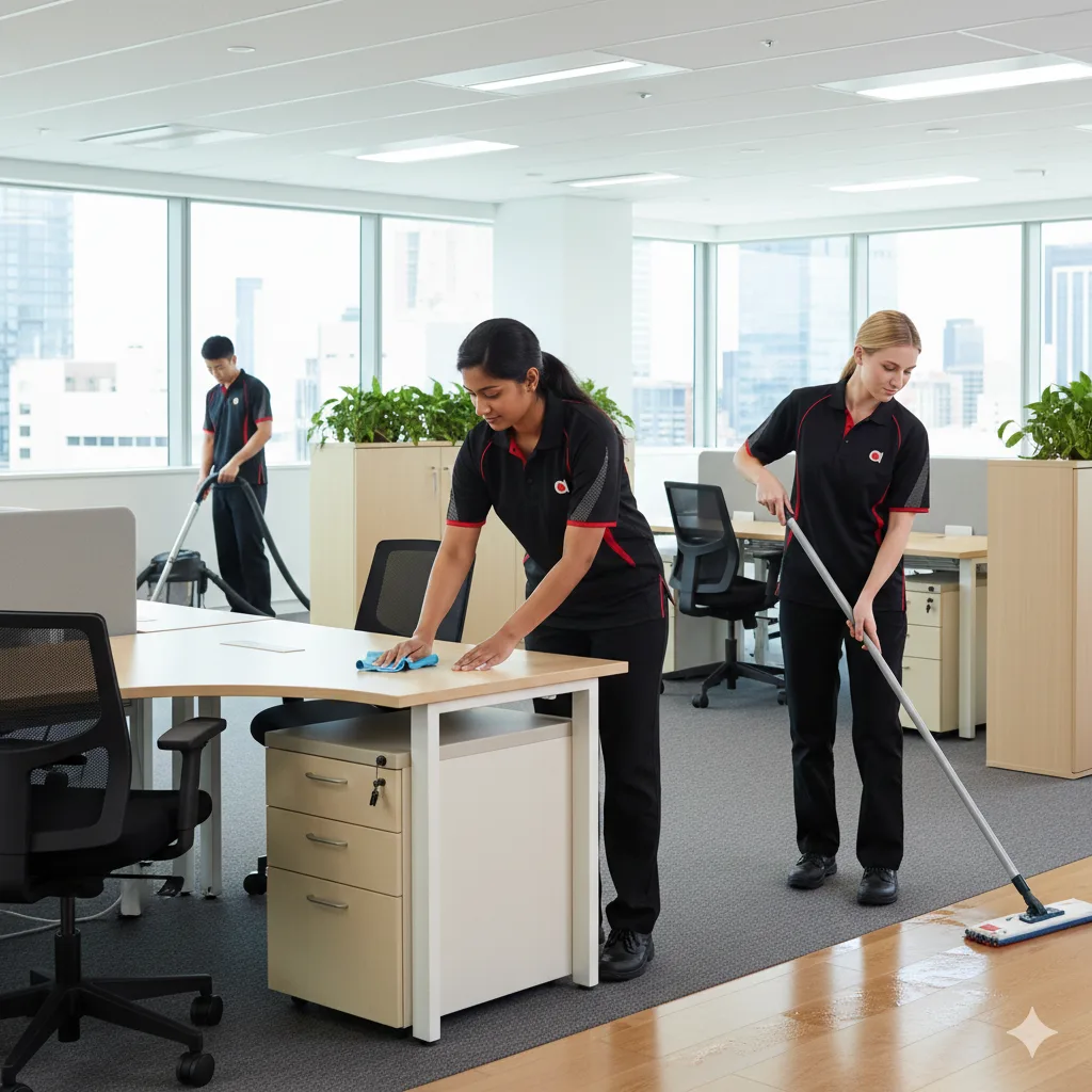 Three commercial cleaners cleaning an office space