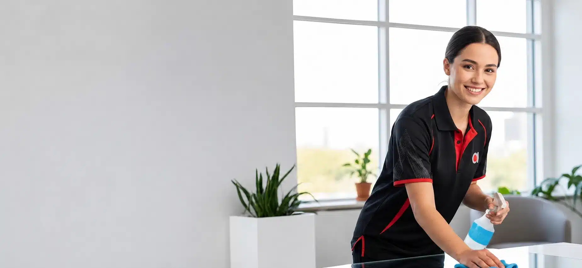 Commercial cleaner wiping an office desk with a cloth