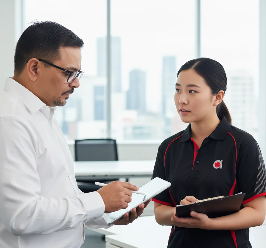 Manager talking with cleaning staff in office building