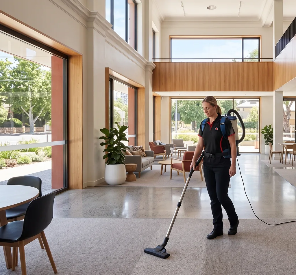 Commercial cleaner in hallway at top of stairs with South Australia town visible in background