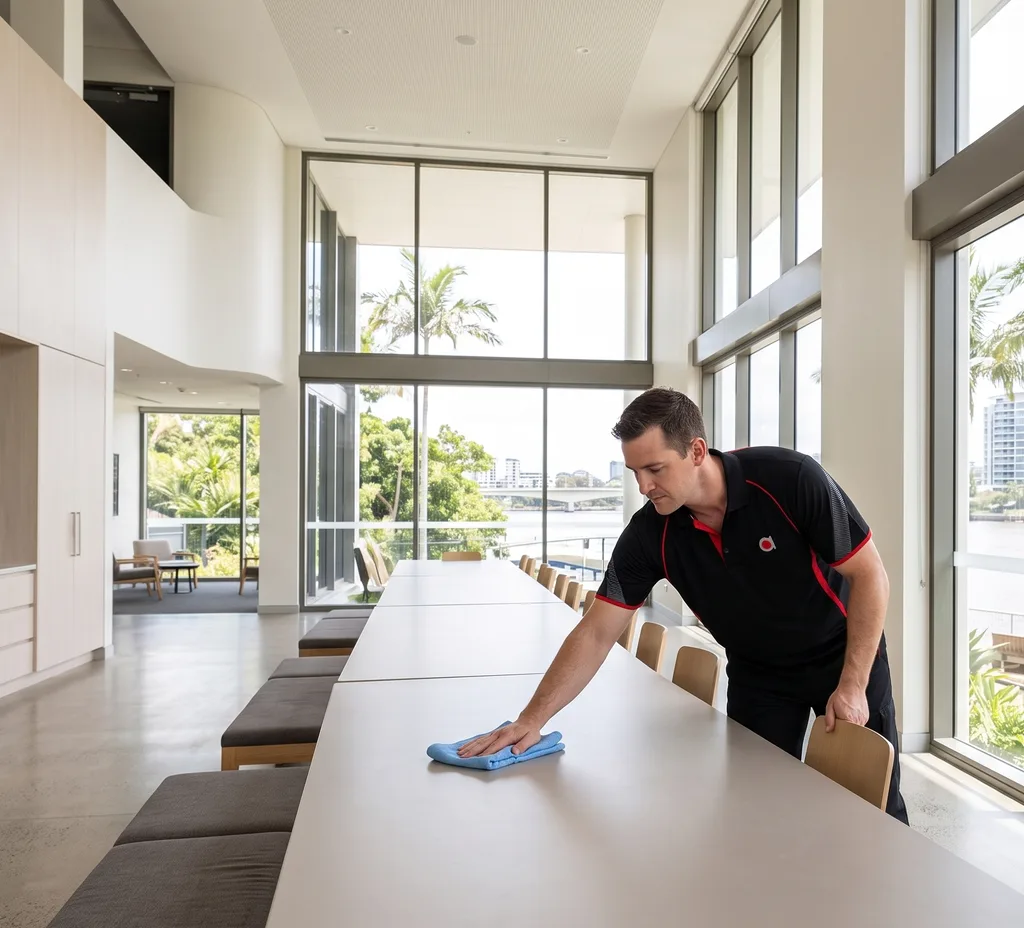 Commercial cleaner wiping desk with Gold Coast beach and skyline in the background