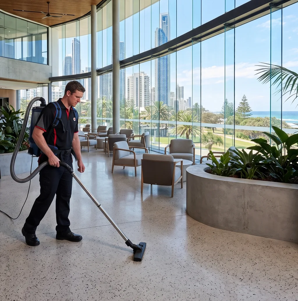 Commercial cleaner wiping desk with Gold Coast beach and skyline in the background