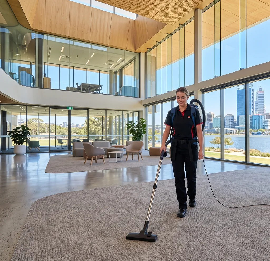 Commercial cleaner mopping hallway