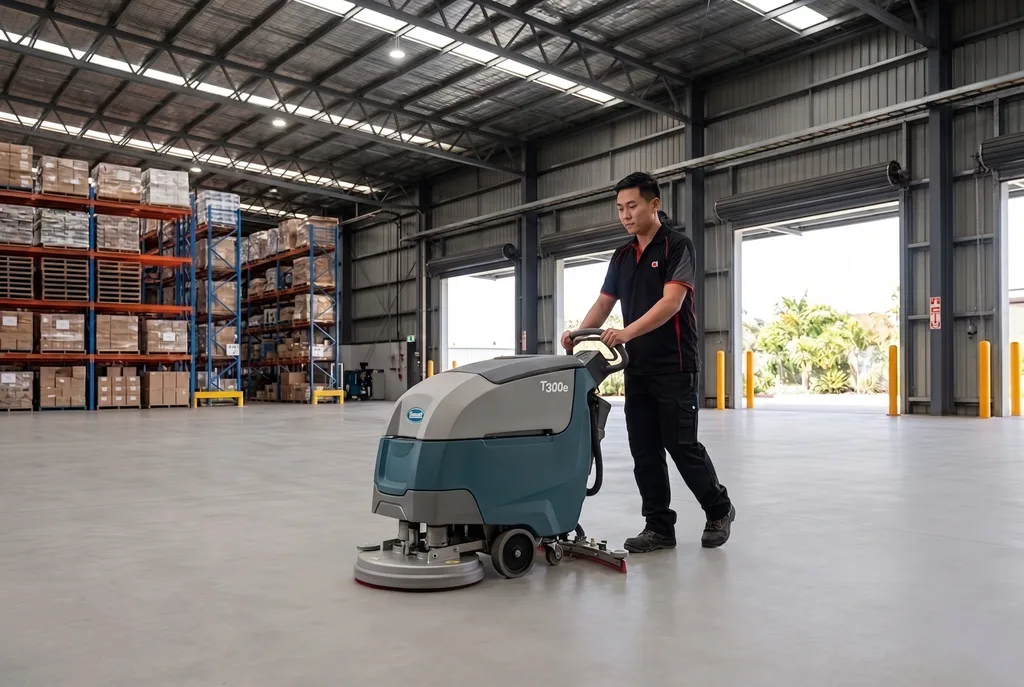 Advanced Cleaning operator running an industrial floor scrubber in a warehouse