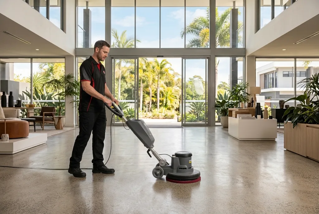 Advanced Cleaning operator polishing the floor of a modern showroom