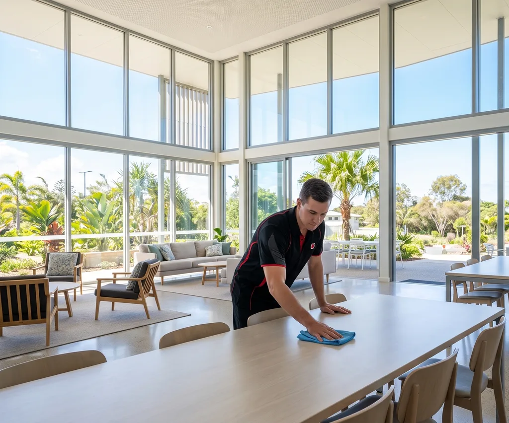 Commercial cleaner wiping desk with Gold Coast beach and skyline in the background