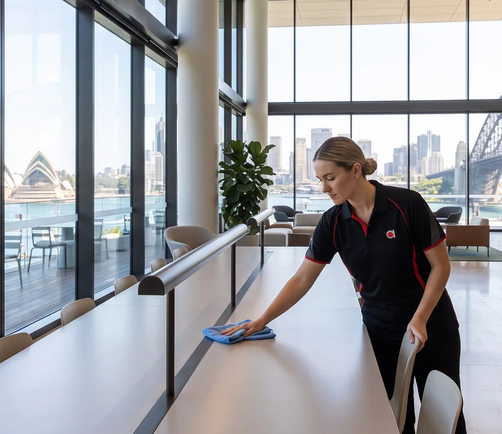 Commercial cleaner wiping window with Sydney Harbour Bridge in background