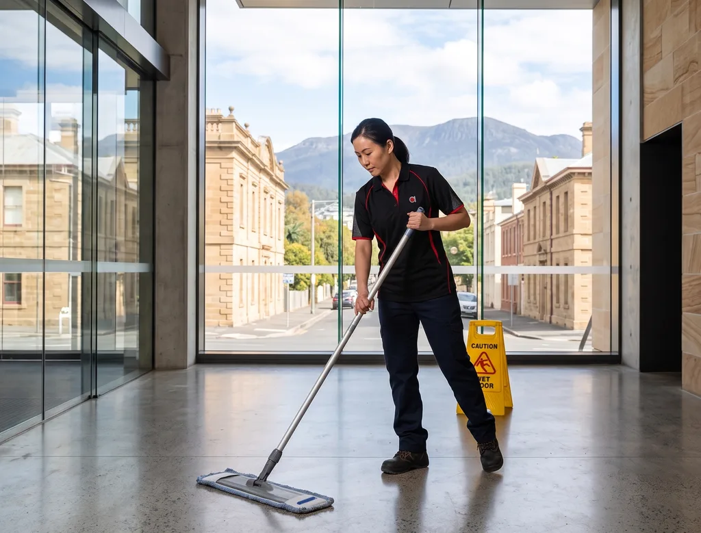 Commercial cleaner mopping hallway