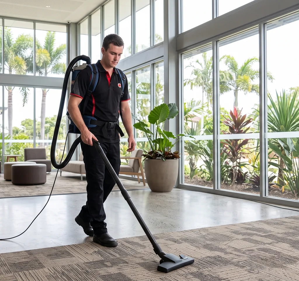 Commercial cleaner wiping a desk in a Townsville workplace