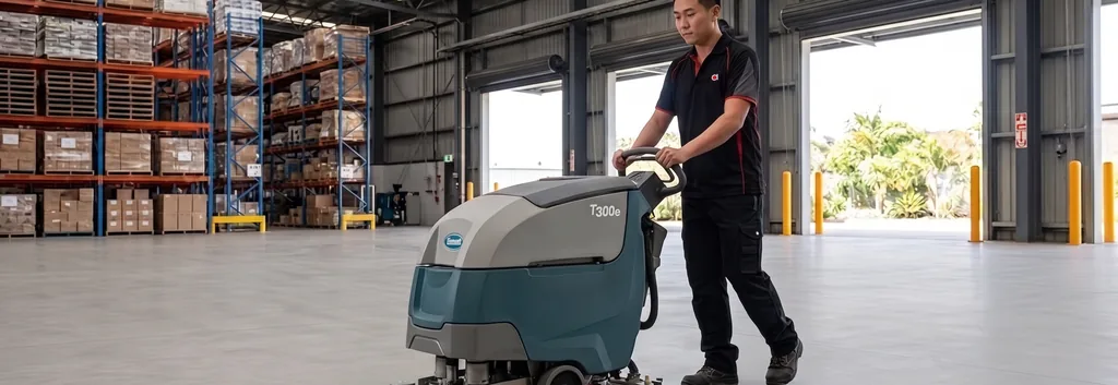 Commercial cleaner operating a floor scrubber in a warehouse